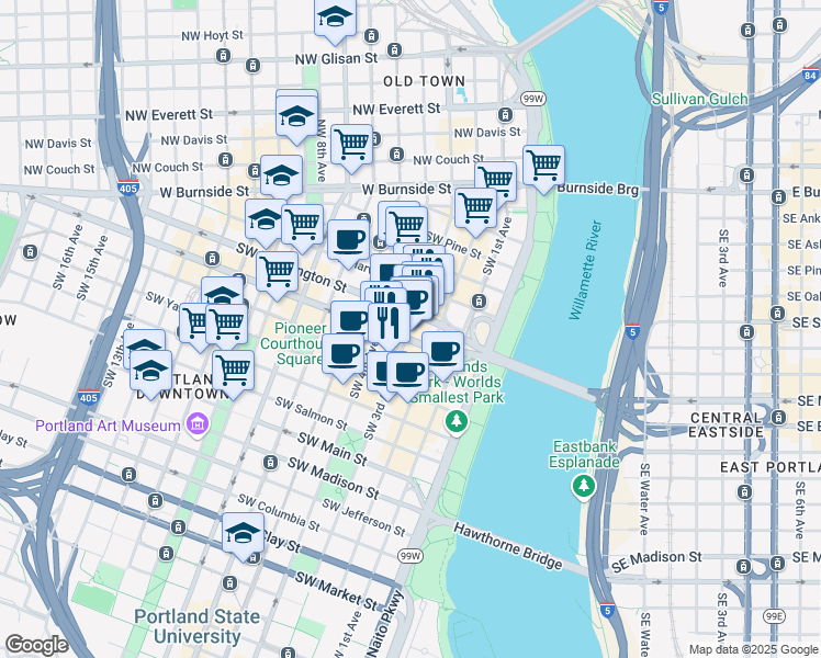 map of restaurants, bars, coffee shops, grocery stores, and more near 523 Southwest 3rd Avenue in Portland