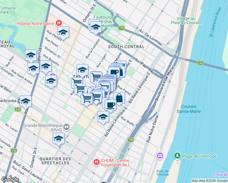 map of restaurants, bars, coffee shops, grocery stores, and more near 1321 Visitation Street in Montreal