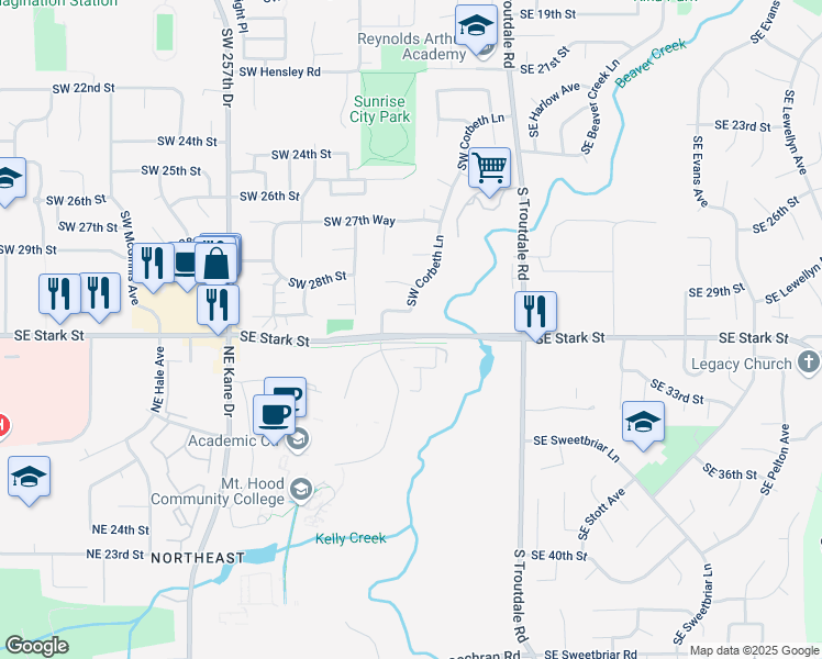map of restaurants, bars, coffee shops, grocery stores, and more near 3000 Southwest Corbeth Lane in Troutdale