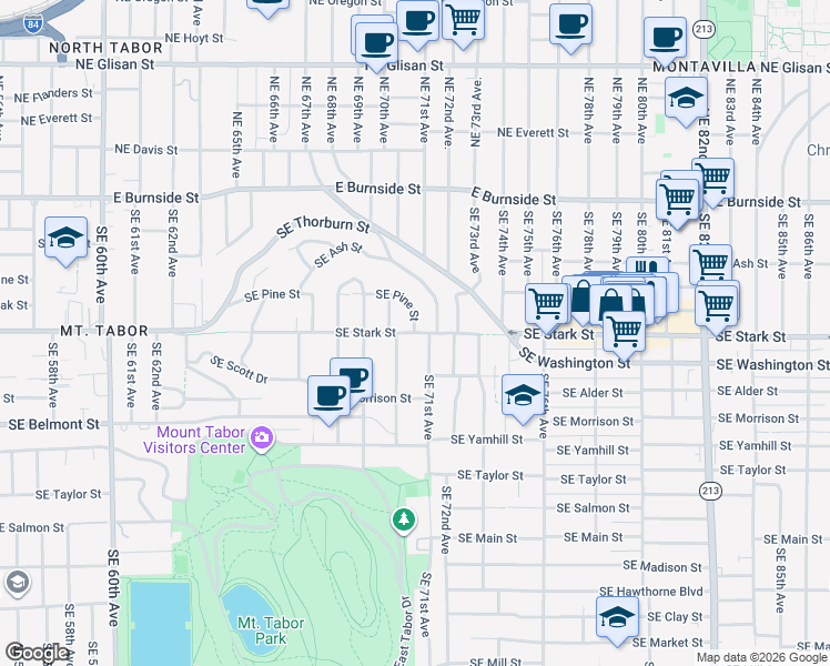 map of restaurants, bars, coffee shops, grocery stores, and more near Southeast Stark Street & Southeast Pine Street in Portland