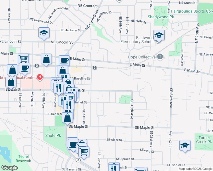 map of restaurants, bars, coffee shops, grocery stores, and more near 1435 Southeast Oak Street in Hillsboro