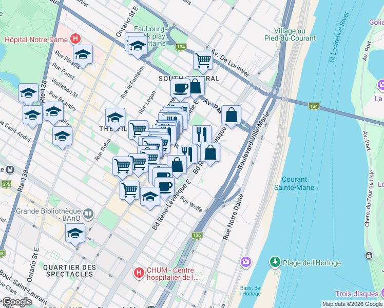 map of restaurants, bars, coffee shops, grocery stores, and more near 1171 Rue Panet in Montréal