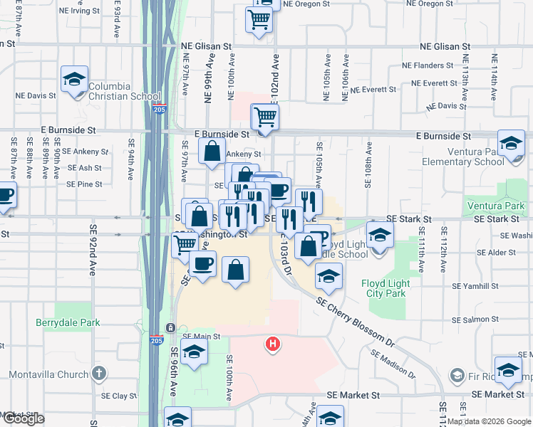 map of restaurants, bars, coffee shops, grocery stores, and more near 10175 Southeast Stark Street in Portland