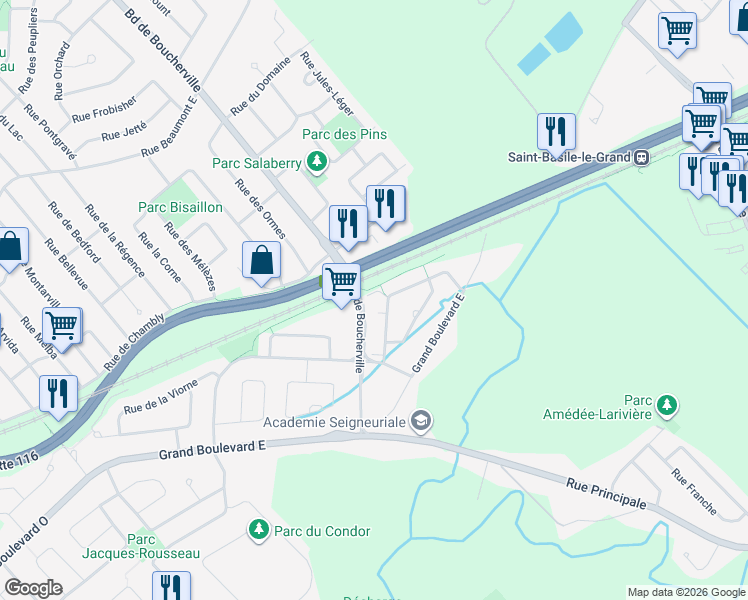 map of restaurants, bars, coffee shops, grocery stores, and more near 3000 Boulevard de Boucherville in St-Bruno-de-Montarville