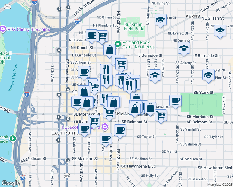map of restaurants, bars, coffee shops, grocery stores, and more near 503 Southeast 12th Avenue in Portland