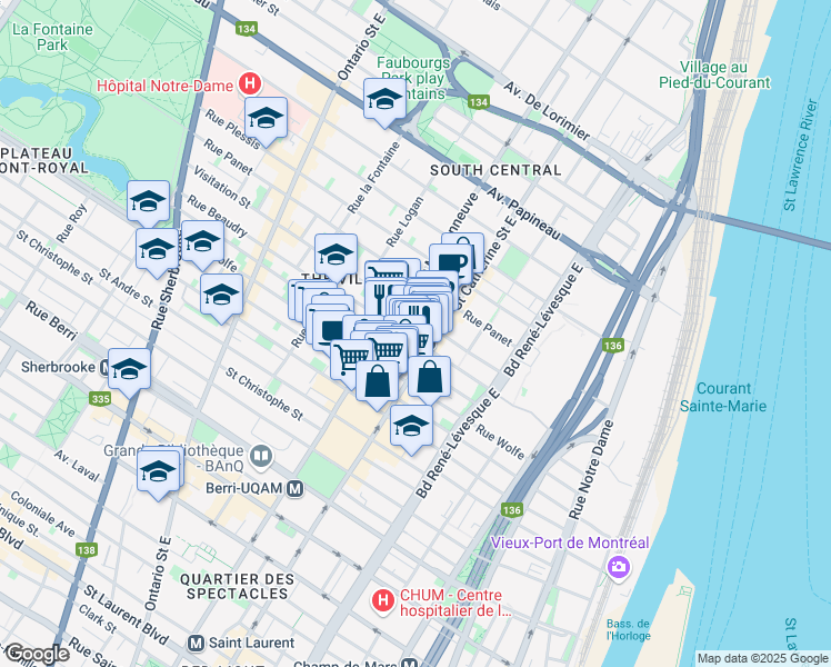 map of restaurants, bars, coffee shops, grocery stores, and more near 1439 Rue Beaudry in Montréal