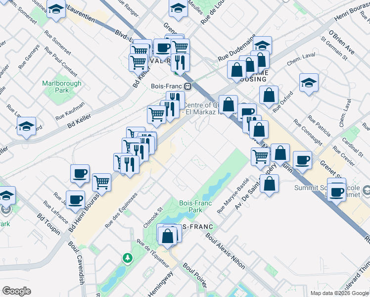 map of restaurants, bars, coffee shops, grocery stores, and more near 2355 Rue des Équinoxes in Montréal
