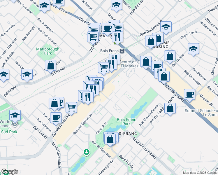 map of restaurants, bars, coffee shops, grocery stores, and more near 5370 Boulevard Henri Bourassa Ouest in Montréal