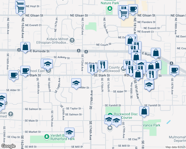 map of restaurants, bars, coffee shops, grocery stores, and more near 17335 Southeast Stark Street in Portland