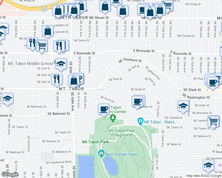 map of restaurants, bars, coffee shops, grocery stores, and more near SE Stark St & SE 65th Ave in Portland