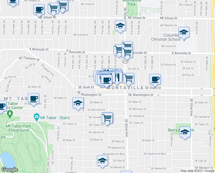 map of restaurants, bars, coffee shops, grocery stores, and more near 7912 Southeast Washington Street in Portland