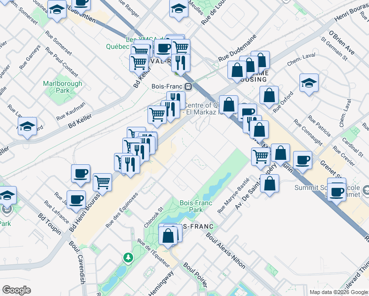 map of restaurants, bars, coffee shops, grocery stores, and more near 2355 Rue des Équinoxes in Montréal