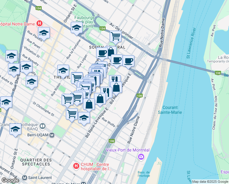 map of restaurants, bars, coffee shops, grocery stores, and more near 1375 Boulevard René-Lévesque Est in Montréal