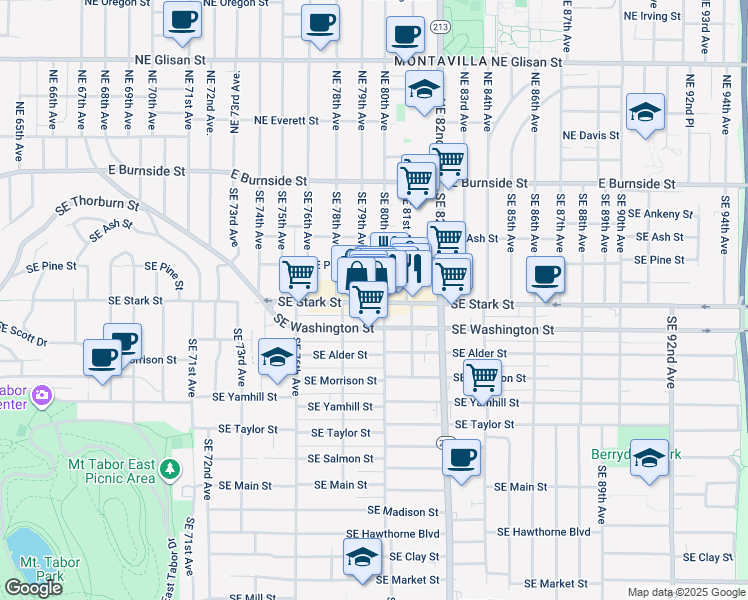map of restaurants, bars, coffee shops, grocery stores, and more near 7919 Southeast Stark Street in Portland