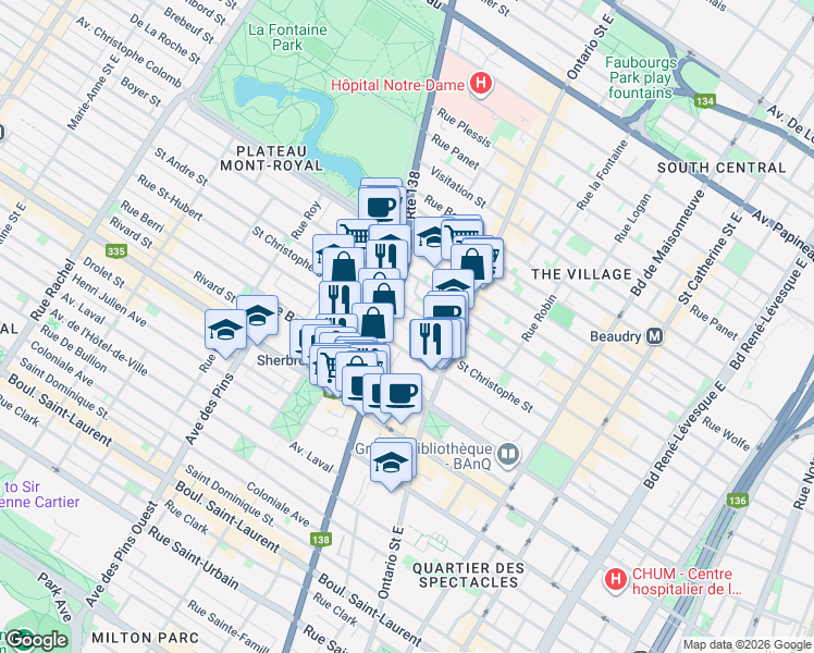 map of restaurants, bars, coffee shops, grocery stores, and more near 2121 Rue Saint-Christophe in Montréal