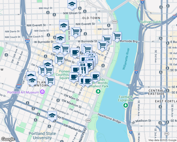 map of restaurants, bars, coffee shops, grocery stores, and more near 523 Southwest 3rd Avenue in Portland