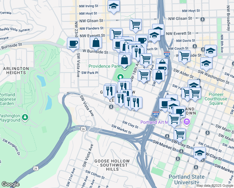 map of restaurants, bars, coffee shops, grocery stores, and more near 1132 Southwest 19th Avenue in Portland