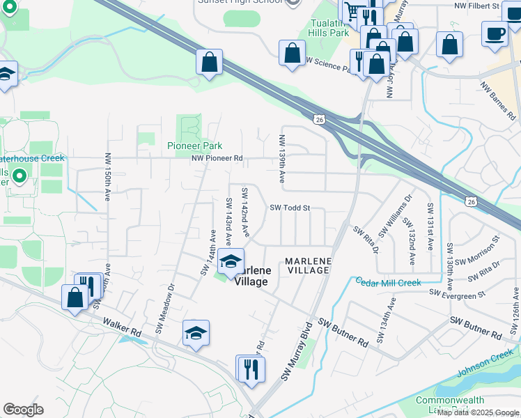 map of restaurants, bars, coffee shops, grocery stores, and more near 14070 Southwest Todd Street in Beaverton
