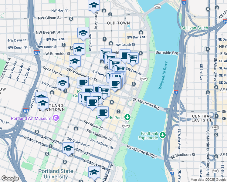map of restaurants, bars, coffee shops, grocery stores, and more near 519 Southwest 3rd Avenue in Portland