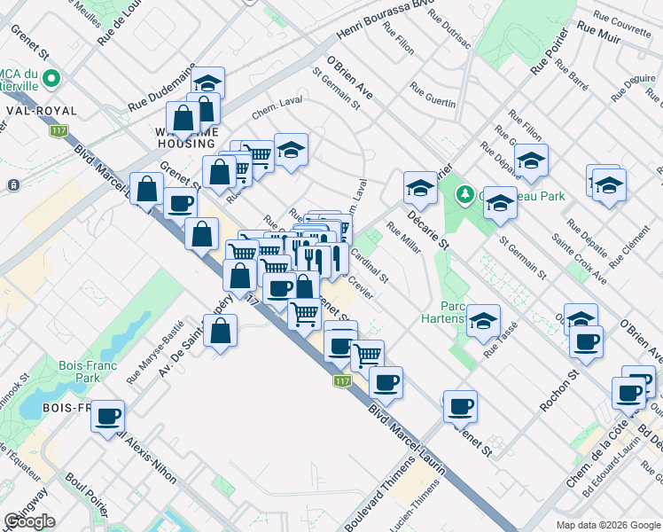 map of restaurants, bars, coffee shops, grocery stores, and more near 1415 Rue Crevier in Montréal