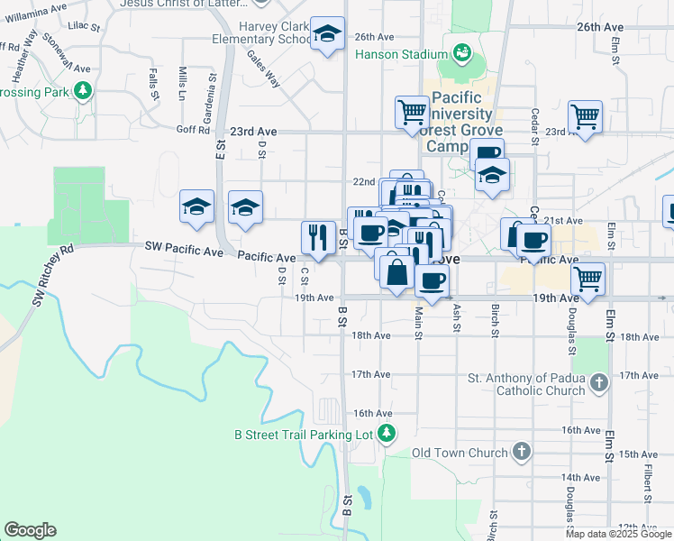 map of restaurants, bars, coffee shops, grocery stores, and more near 1917 B Street in Forest Grove