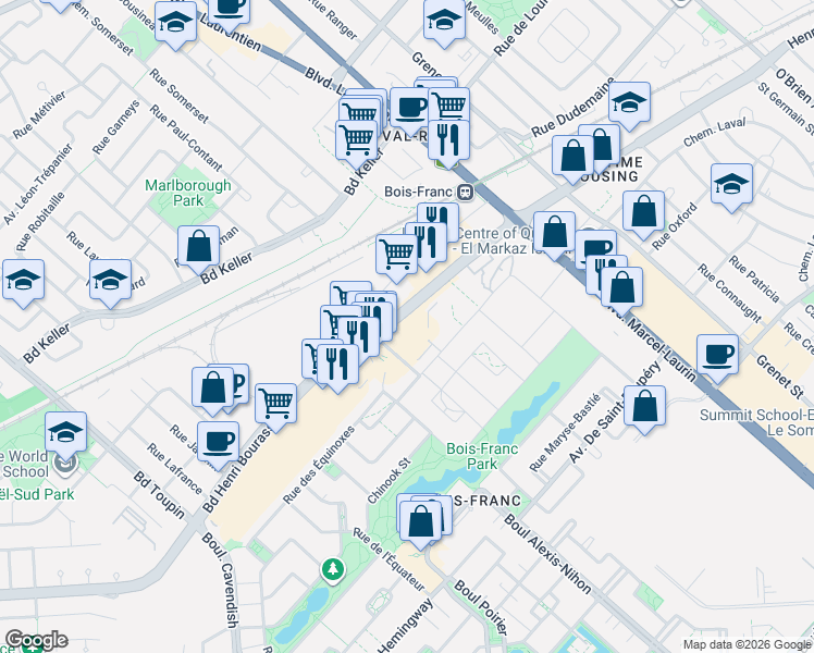 map of restaurants, bars, coffee shops, grocery stores, and more near 5388 Boulevard Henri-Bourassa Ouest in Montréal