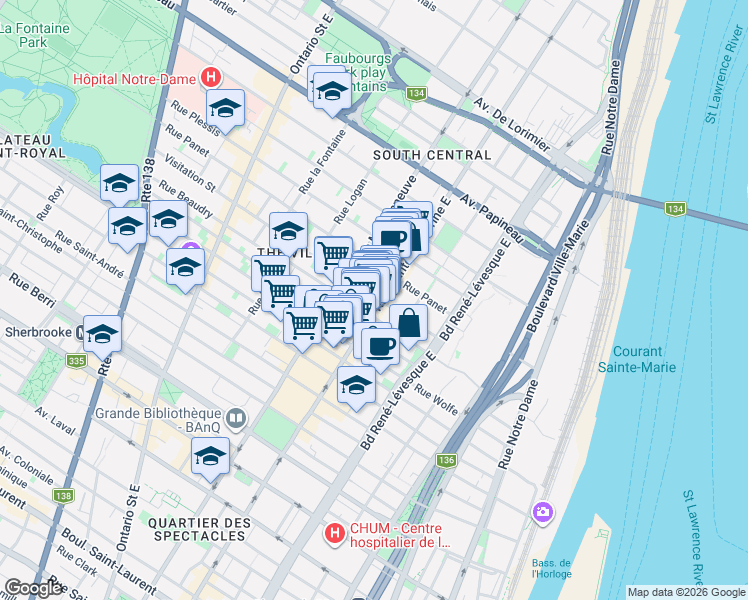 map of restaurants, bars, coffee shops, grocery stores, and more near 1404 Rue de la Visitation in Montréal