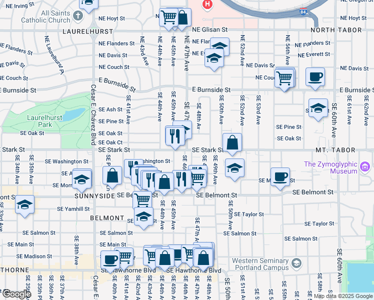 map of restaurants, bars, coffee shops, grocery stores, and more near SE Stark St & SE 47th Ave in Portland