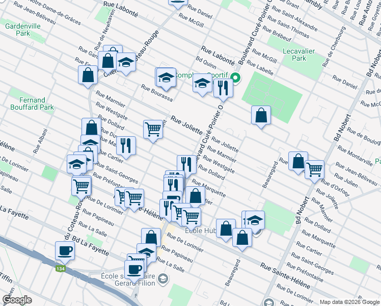 map of restaurants, bars, coffee shops, grocery stores, and more near 875 Boulevard Curé-Poirier Ouest in Longueuil
