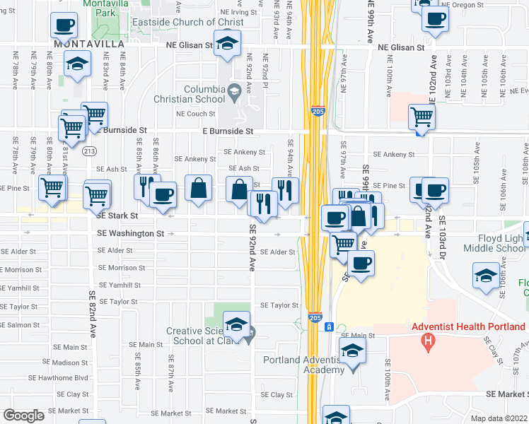map of restaurants, bars, coffee shops, grocery stores, and more near 9209 Southeast Stark Street in Portland