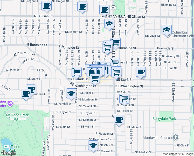 map of restaurants, bars, coffee shops, grocery stores, and more near 7937 Southeast Stark Street in Portland