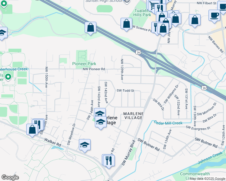 map of restaurants, bars, coffee shops, grocery stores, and more near 14070 Southwest Todd Street in Beaverton