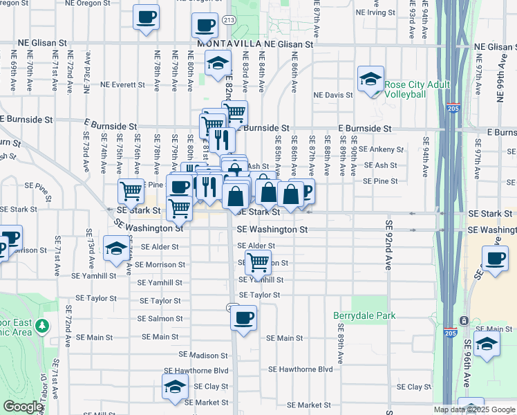 map of restaurants, bars, coffee shops, grocery stores, and more near 8418 Southeast Stark Street in Portland
