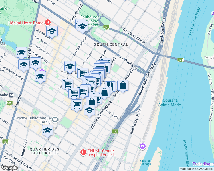 map of restaurants, bars, coffee shops, grocery stores, and more near 1341 Rue Sainte Rose in Montréal