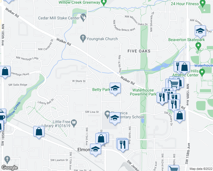 map of restaurants, bars, coffee shops, grocery stores, and more near 16946 Southwest Watermark Lane in Beaverton