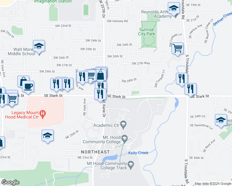 map of restaurants, bars, coffee shops, grocery stores, and more near 846 Southwest 29th Way in Troutdale