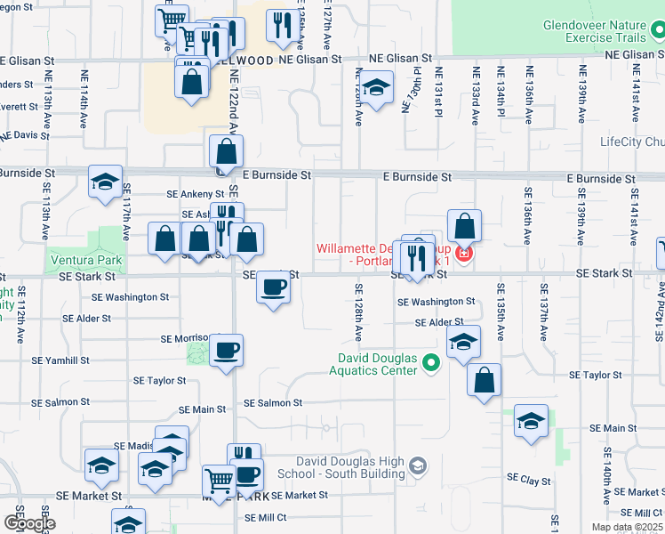 map of restaurants, bars, coffee shops, grocery stores, and more near 12650 Southeast Stark Street in Portland