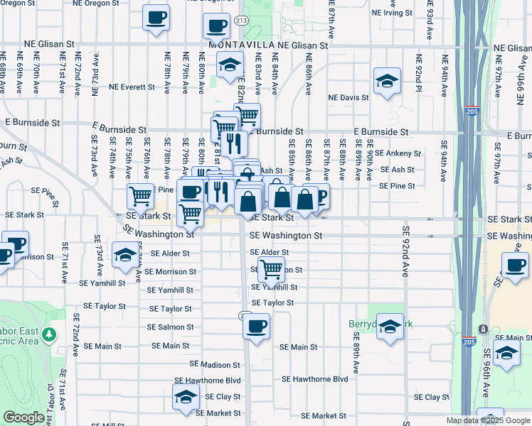 map of restaurants, bars, coffee shops, grocery stores, and more near 8418 Southeast Stark Street in Portland