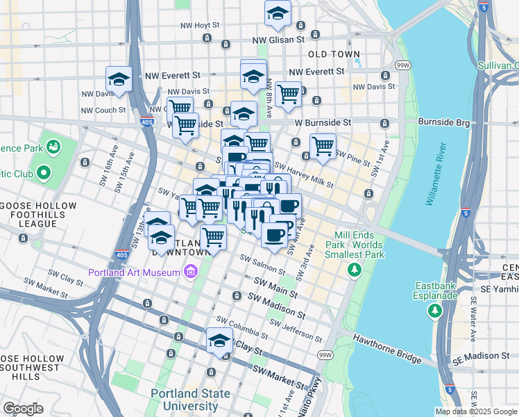 map of restaurants, bars, coffee shops, grocery stores, and more near in Portland
