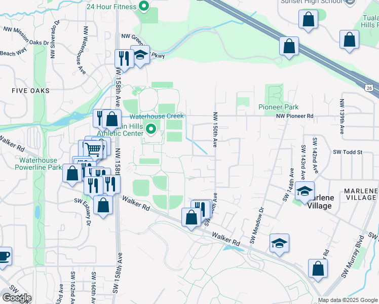 map of restaurants, bars, coffee shops, grocery stores, and more near 95 Southwest 152nd Avenue in Beaverton