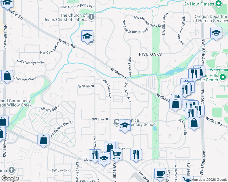 map of restaurants, bars, coffee shops, grocery stores, and more near 16935 Southwest Kattegat Drive in Beaverton