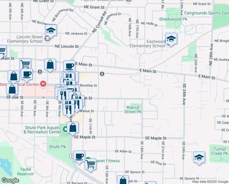 map of restaurants, bars, coffee shops, grocery stores, and more near 1325 Southeast Oak Street in Hillsboro