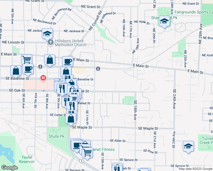 map of restaurants, bars, coffee shops, grocery stores, and more near 1325 Southeast Oak Street in Hillsboro