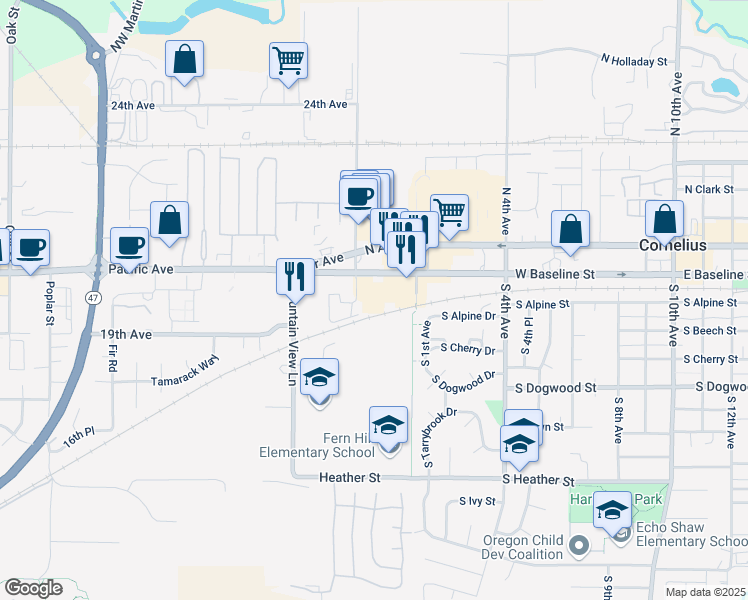 map of restaurants, bars, coffee shops, grocery stores, and more near 4300 Pacific Avenue in Forest Grove