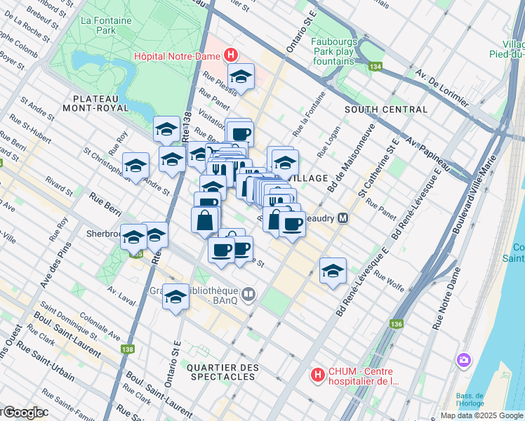 map of restaurants, bars, coffee shops, grocery stores, and more near 1755 Rue Amherst in Montréal