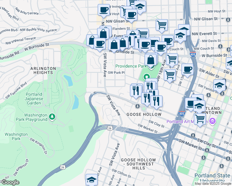 map of restaurants, bars, coffee shops, grocery stores, and more near 2183 Southwest Jefferson Street in Portland