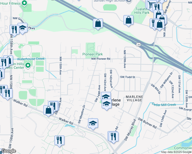 map of restaurants, bars, coffee shops, grocery stores, and more near 25 Southwest 144th Avenue in Beaverton