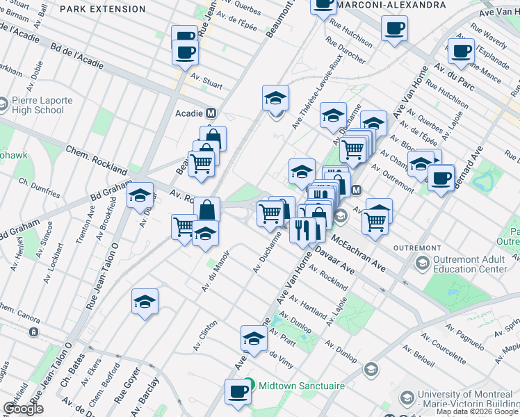map of restaurants, bars, coffee shops, grocery stores, and more near 989 Avenue Davaar in Montréal