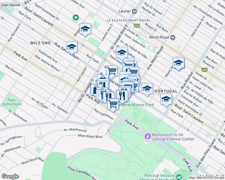 map of restaurants, bars, coffee shops, grocery stores, and more near 4649 Avenue de l'Esplanade in Montréal