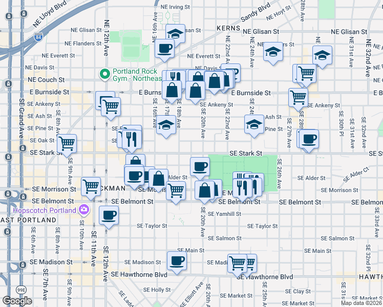 map of restaurants, bars, coffee shops, grocery stores, and more near Southeast Stark Street & Southeast 19th Avenue in Portland